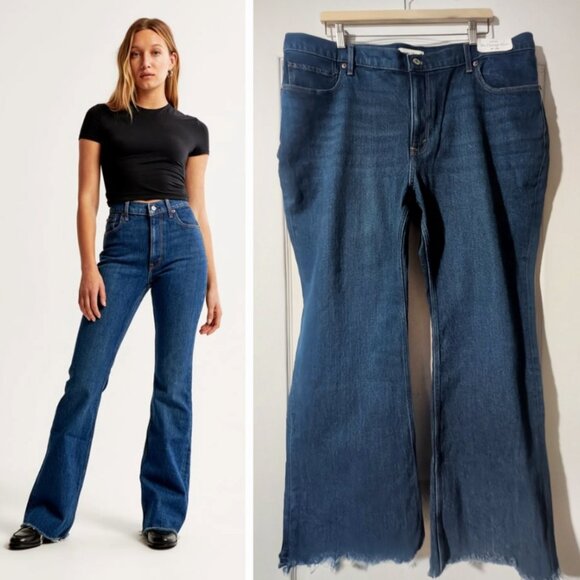 Abercrombie & Fitch | High Rise Vintage Flare Jean in Dark Wash With Raw Hem - Picture 1 of 11